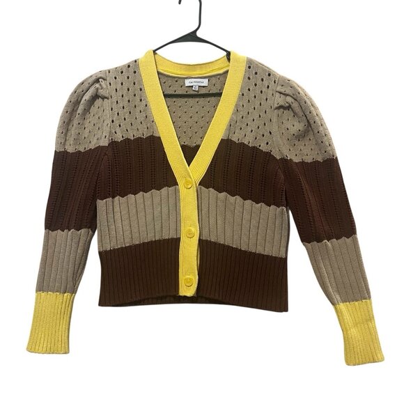 Calligraphie Women’s Cardigan XL Striped Button Front Puff Sleeve Brown V Neck - Picture 2 of 9
